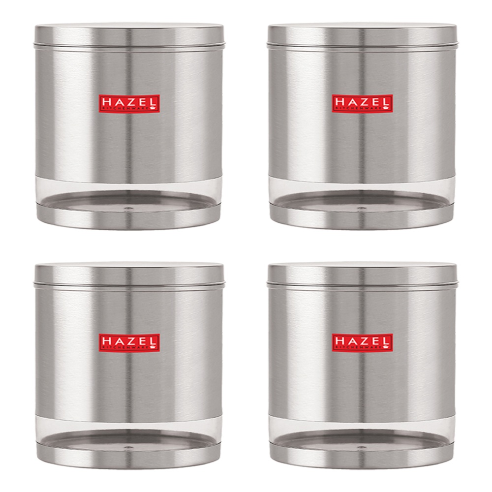 HAZEL Stainless Steel Containers Set For Kitchen Storage Transparent See Through Matt Finish Storage Jars Dabba, Set of 4, 3000 ML Each, Silver