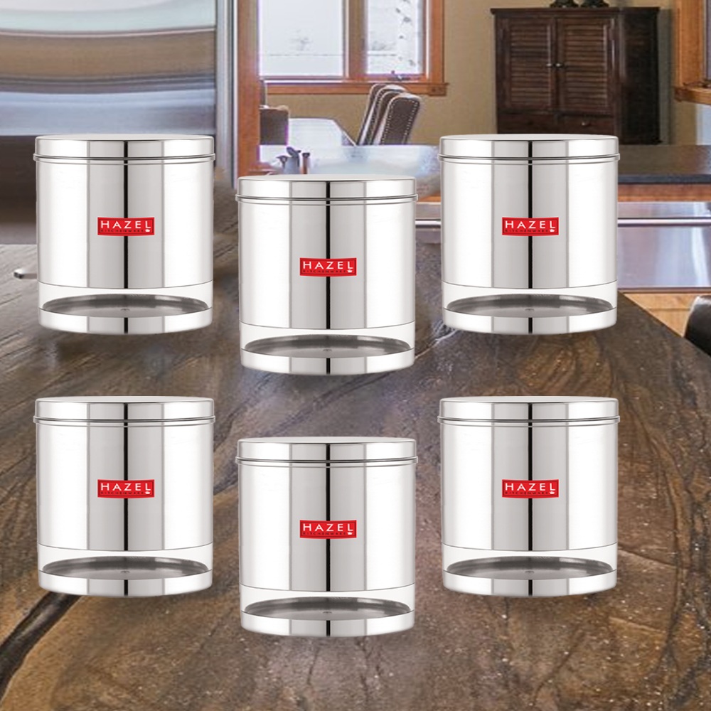 HAZEL Stainless Steel Containers Set For Kitchen Storage Transparent See Through Glossy Finish Storage Jars Dabba, Set of 6, 3000 ML Each, Silver