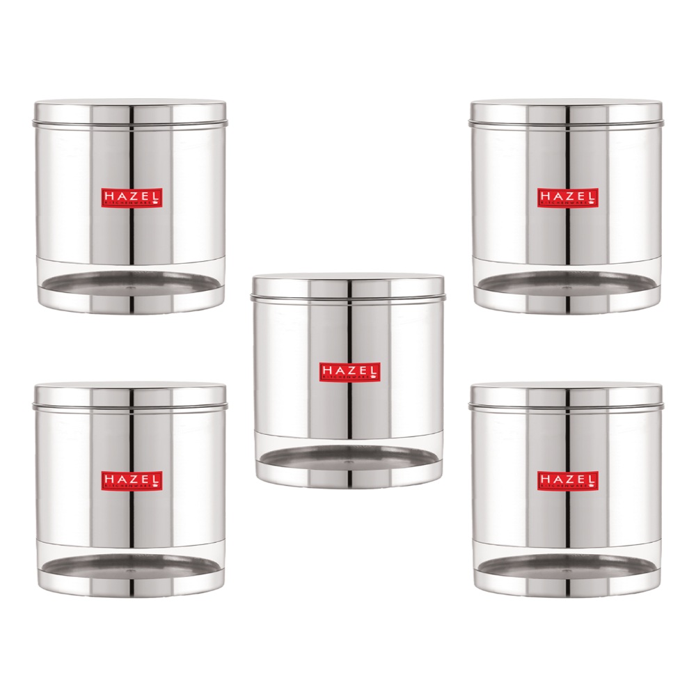 HAZEL Stainless Steel Containers Set For Kitchen Storage Transparent See Through Glossy Finish Storage Jars Dabba, Set of 5, 3000 ML Each, Silver