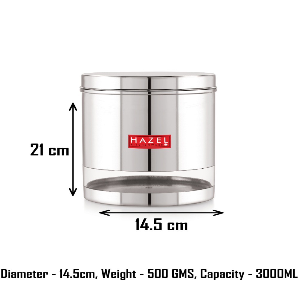 HAZEL Stainless Steel Containers Set For Kitchen Storage Transparent See Through Glossy Finish Storage Jars Dabba, Set of 5, 3000 ML Each, Silver