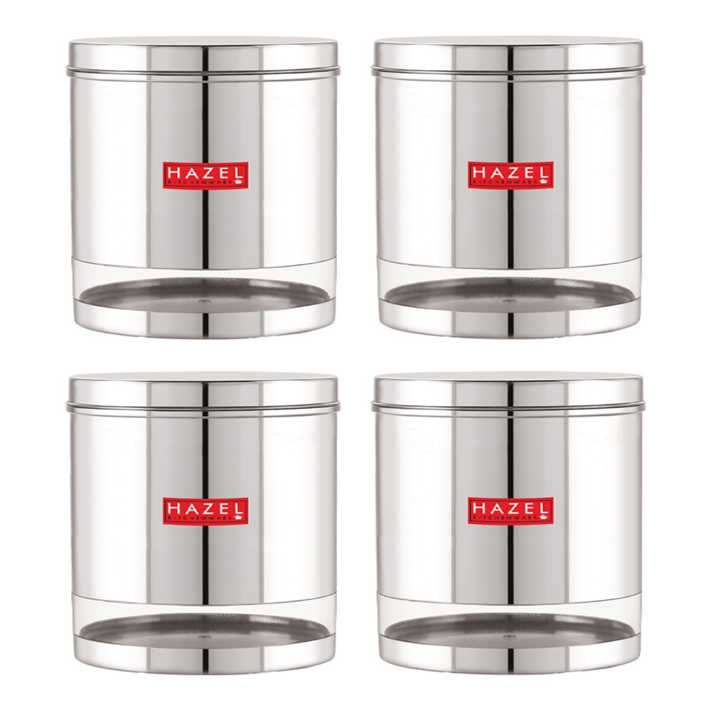 HAZEL Stainless Steel Containers Set For Kitchen Storage Transparent See Through Glossy Finish Storage Jars Dabba, Set of 4, 3000 ML Each, Silver