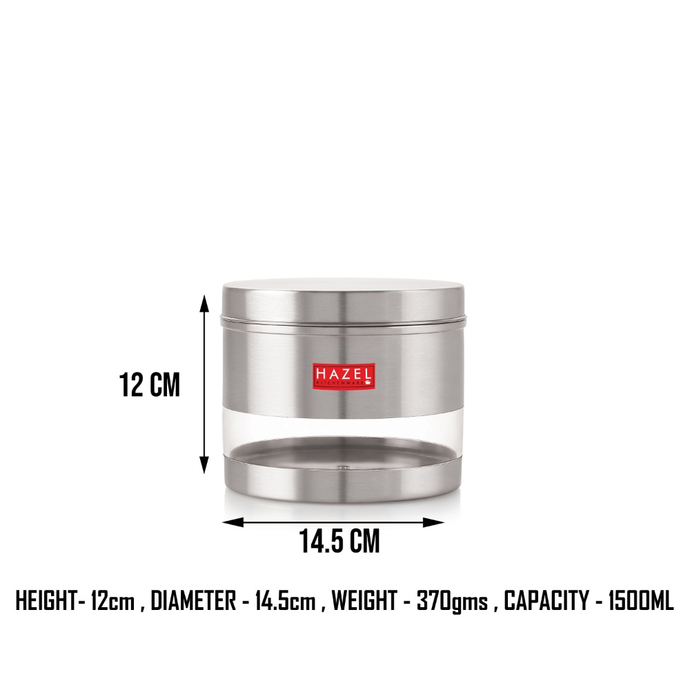 HAZEL Stainless Steel Containers Set For Kitchen Storage Transparent See Through Matt Finish Storage Jars Dabba, Set of 2, 1500 ML Each, Silver