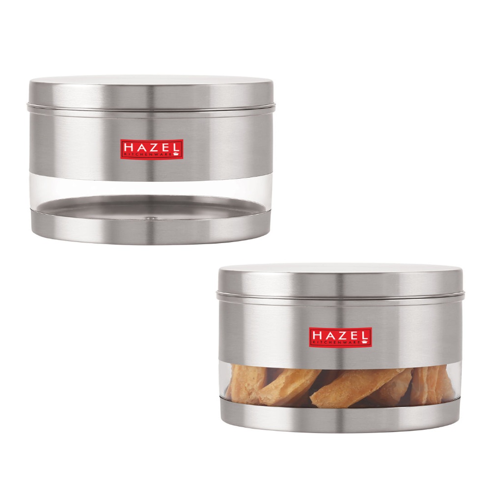 HAZEL Stainless Steel Containers Set For Kitchen Storage Transparent See Through Matt Finish Storage Jars Dabba, Set of 2, 1500 ML Each, Silver