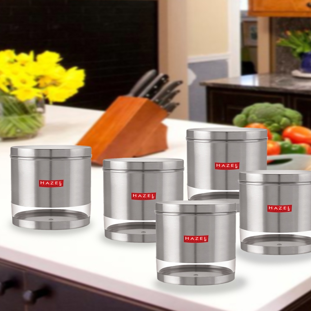 HAZEL Stainless Steel Containers Set For Kitchen Storage Transparent See Through Matt Finish Storage Jars Dabba, Set of 5, 2200 ML Each, Silver