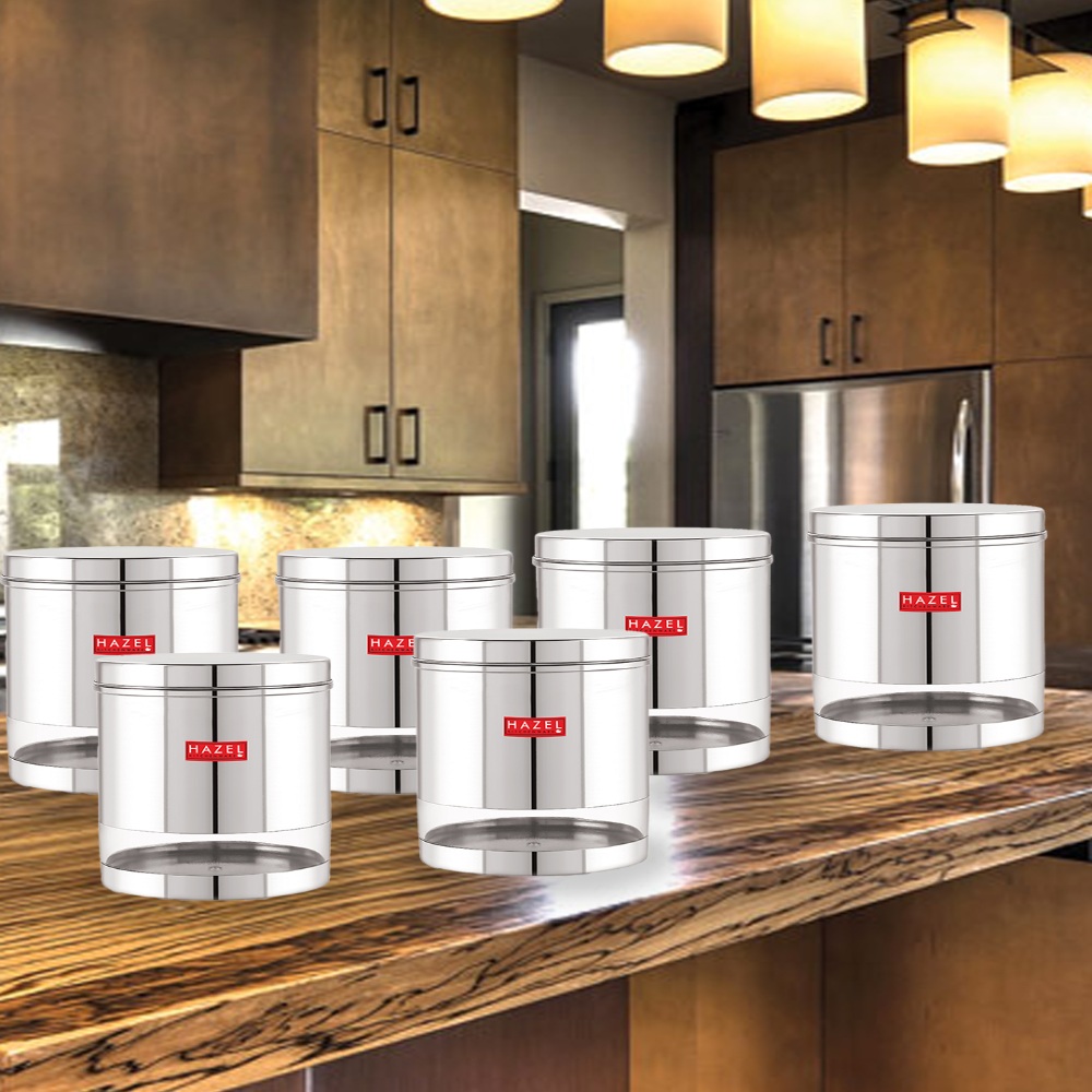 HAZEL Stainless Steel Containers Set For Kitchen Storage Transparent See Through Glossy Finish Storage Jars Dabba, Set of 6, 2200 ML Each, Silver