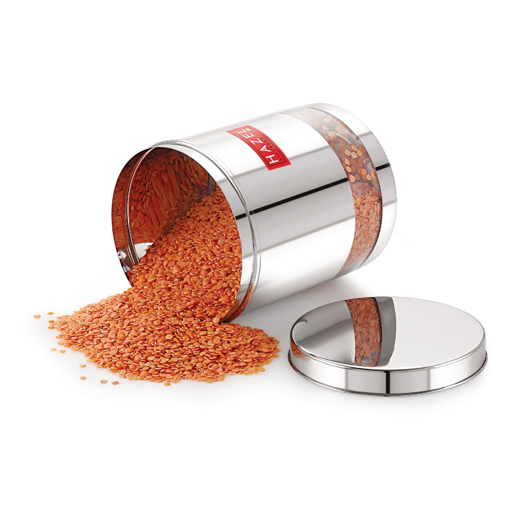 HAZEL Stainless Steel Containers Set For Kitchen Storage Transparent See Through Glossy Finish Storage Jars Dabba, Set of 5, 2200 ML Each, Silver