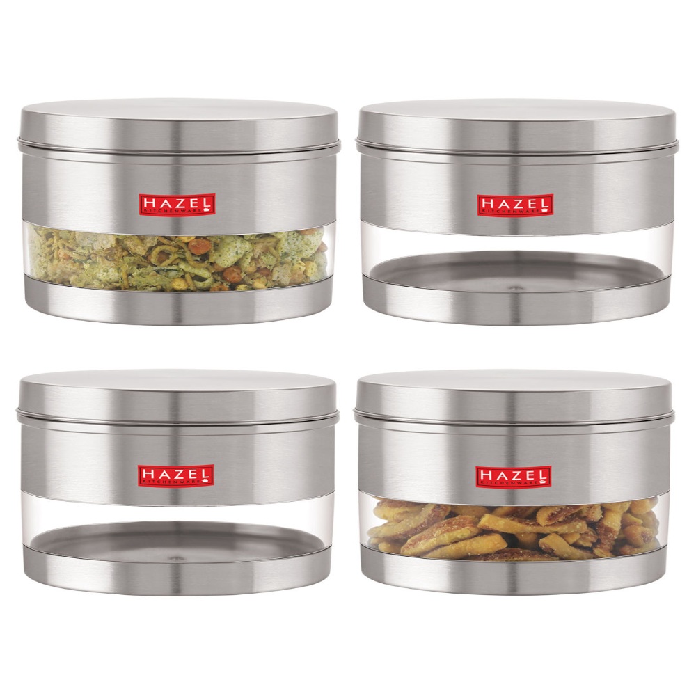 HAZEL Stainless Steel Containers Set For Kitchen Storage Transparent See Through Matt Finish Storage Jars Dabba, Set of 4, 1100 ML Each, Silver