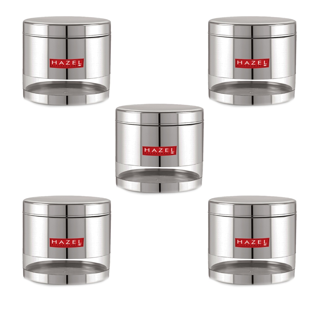 HAZEL Stainless Steel Containers Set For Kitchen Storage Transparent See Through Glossy Finish Storage Jars Dabba, Set of 5, 1000 ML Each, Silver