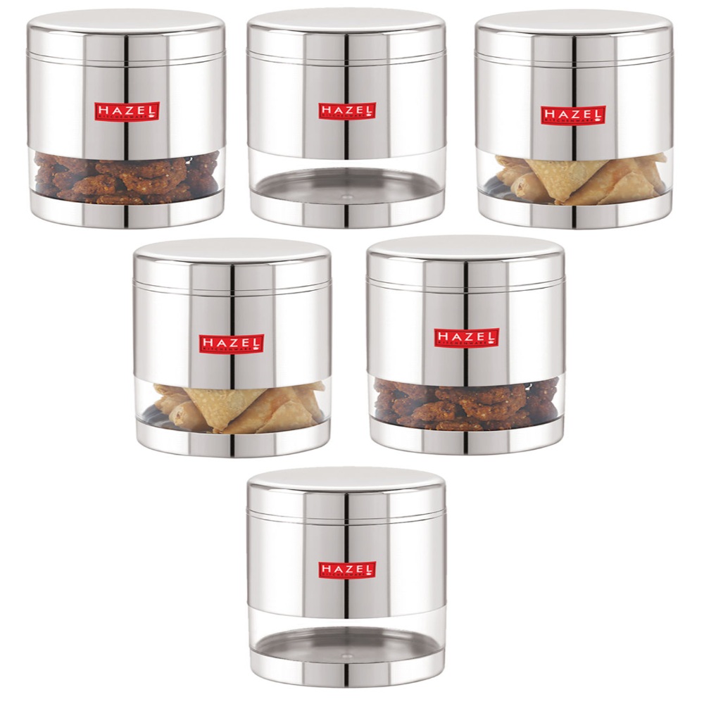 HAZEL Stainless Steel Containers Set For Kitchen Storage Transparent See Through Glossy Finish Storage Jars Dabba, Set of 6, 800 ML Each, Silver