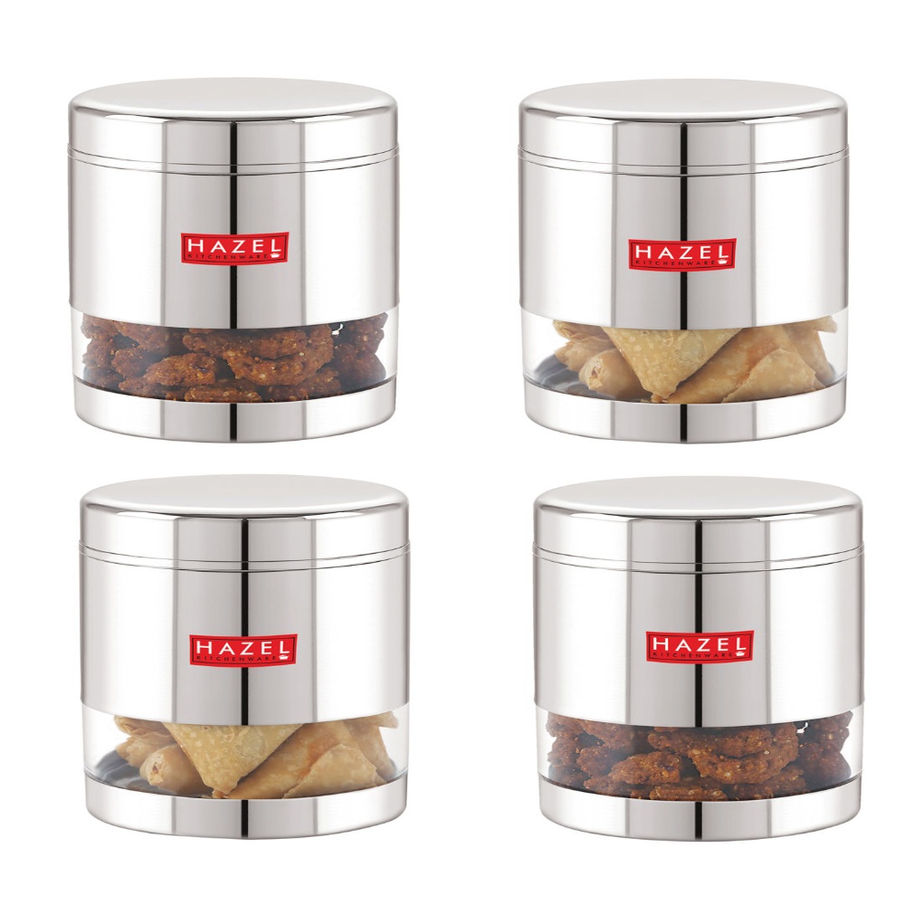HAZEL Stainless Steel Containers Set For Kitchen Storage Transparent See Through Glossy Finish Storage Jars Dabba, Set of 4, 800 ML Each, Silver