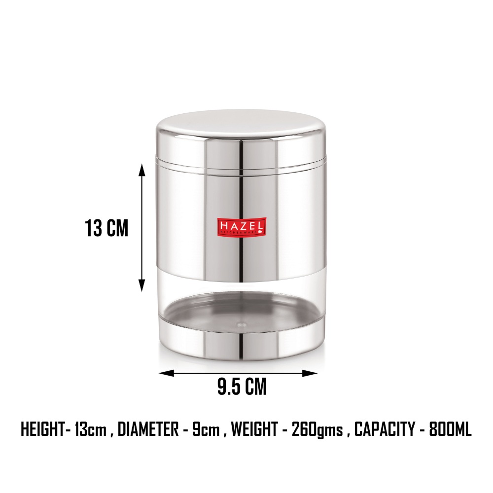 HAZEL Stainless Steel Containers Set For Kitchen Storage Transparent See Through Glossy Finish Storage Jars Dabba, Set of 2, 800 ML Each, Silver