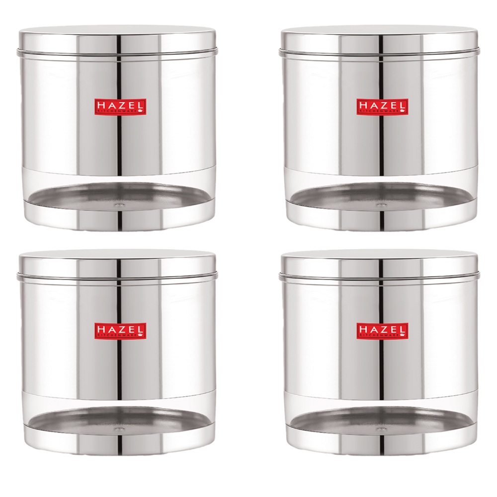 HAZEL Stainless Steel Containers Set For Kitchen Storage Transparent See Through Glossy Finish Storage Jars Dabba, Set of 4, 2200 ML Each, Silver