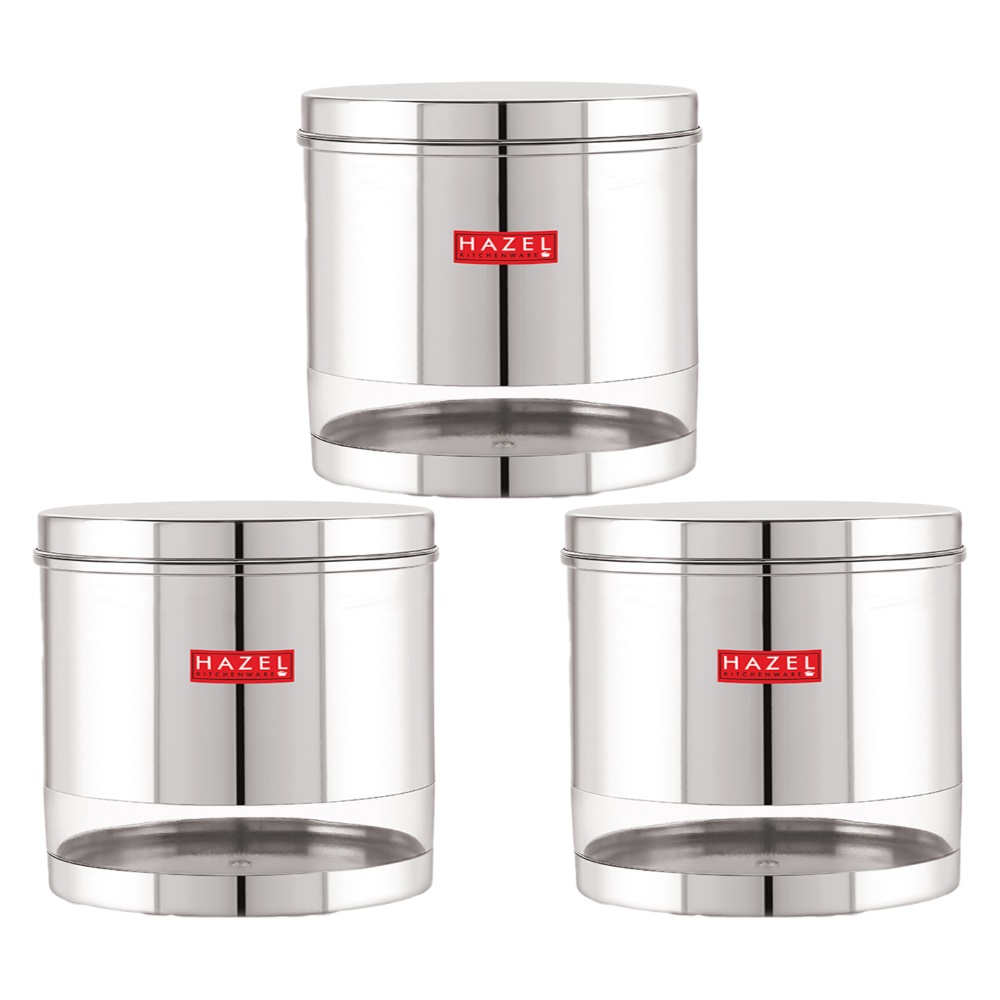 HAZEL Stainless Steel Containers Set For Kitchen Storage Transparent See Through Glossy Finish Storage Jars Dabba, Set of 3, 2200 ML Each, Silver