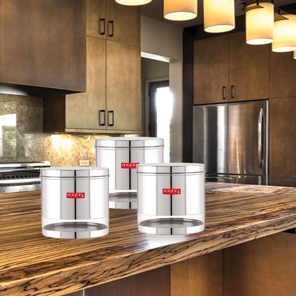 HAZEL Stainless Steel Containers Set For Kitchen Storage Transparent See Through Glossy Finish Storage Jars Dabba, Set of 3, 2200 ML Each, Silver