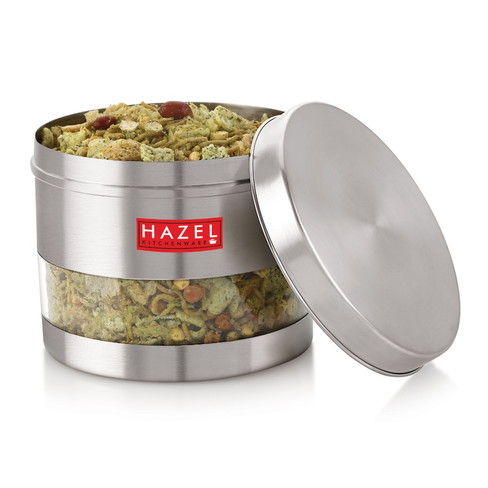 HAZEL Stainless Steel Containers Set For Kitchen Storage Transparent See Through Matt Finish Storage Jars Dabba, Set of 2, 1100 ML Each, Silver