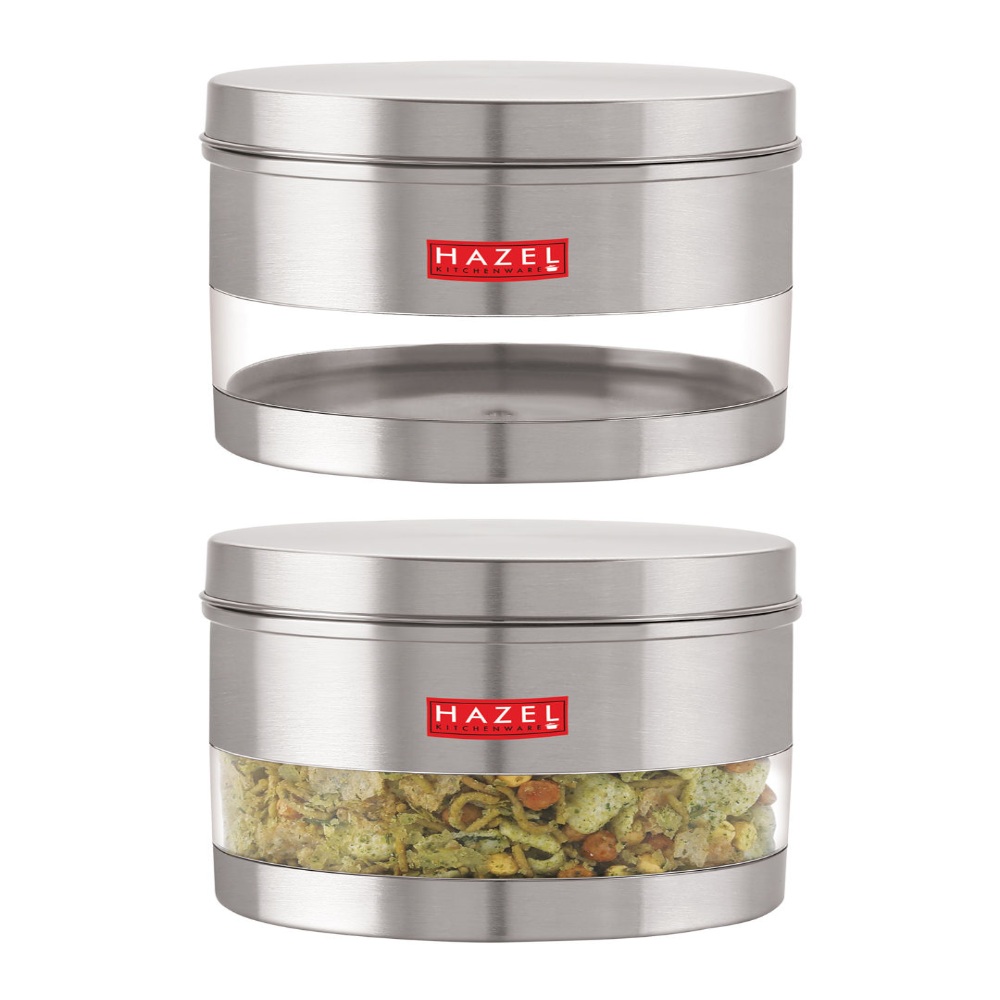 HAZEL Stainless Steel Containers Set For Kitchen Storage Transparent See Through Matt Finish Storage Jars Dabba, Set of 2, 1100 ML Each, Silver