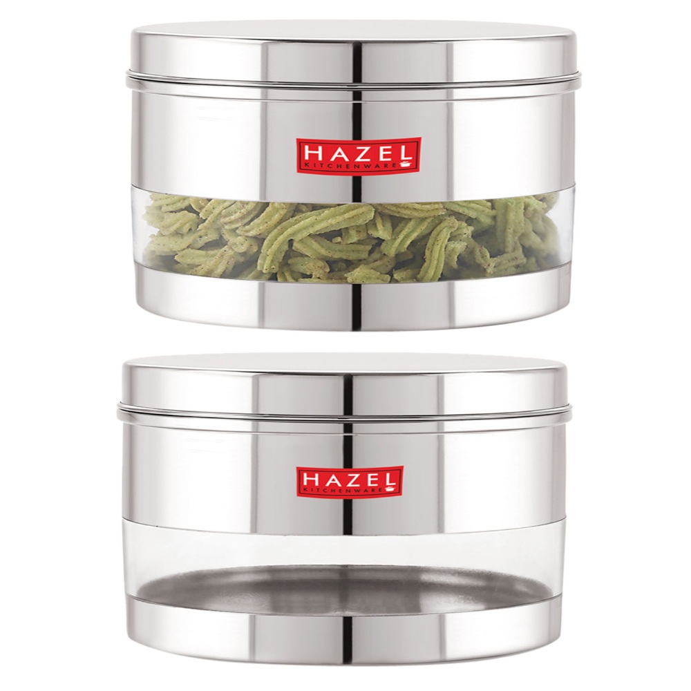 HAZEL Stainless Steel Containers Set For Kitchen Storage Transparent See Through Glossy Finish Storage Jars Dabba, Set of 2, 1100 ML Each, Silver