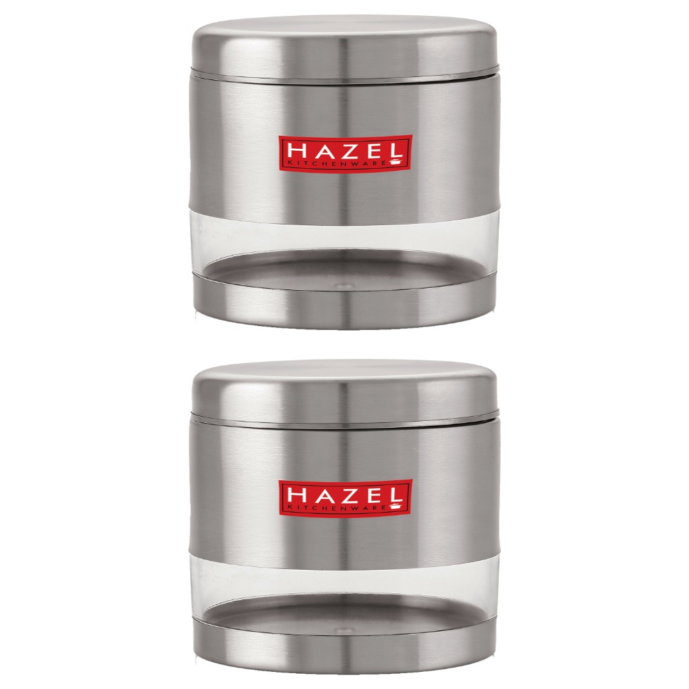 HAZEL Stainless Steel Containers Set For Kitchen Storage Transparent See Through Matt Finish Storage Jars Dabba, Set of 2, 600 ML Each, Silver