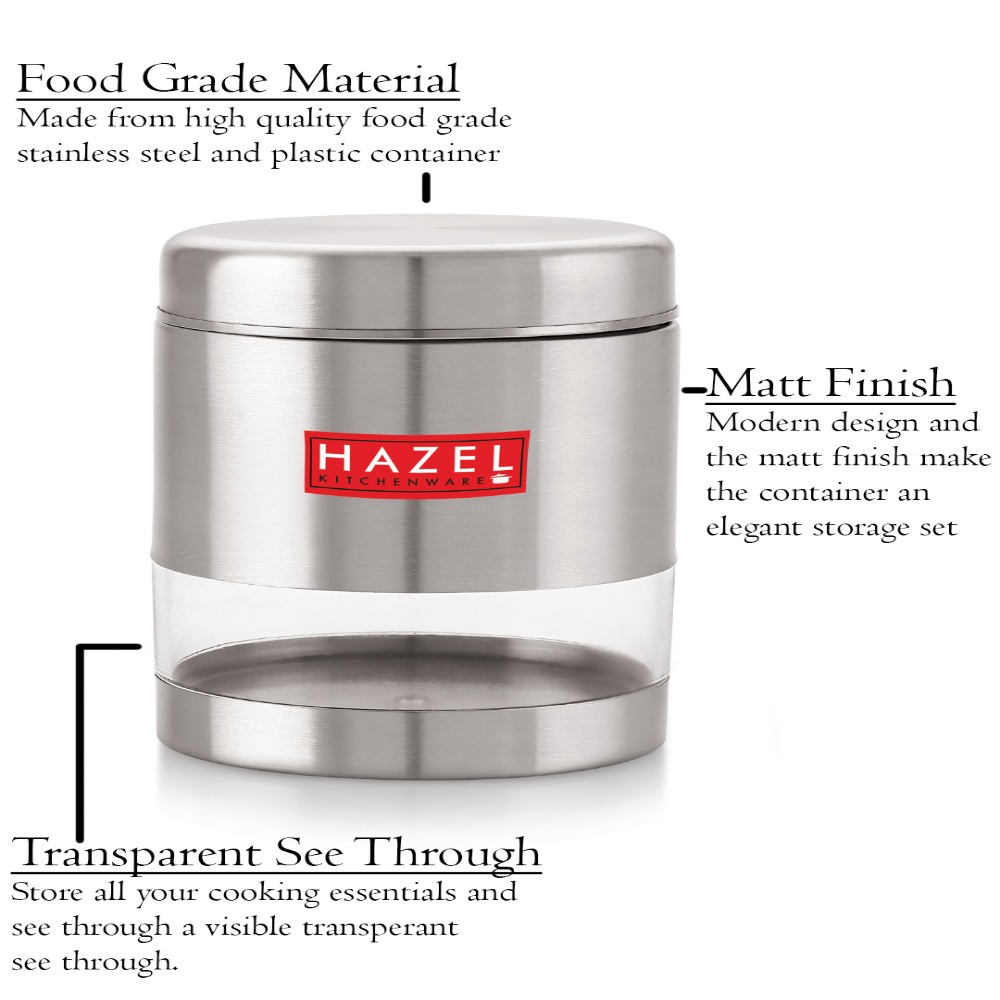 HAZEL Stainless Steel Containers Set For Kitchen Storage Transparent See Through Matt Finish Storage Jars Dabba, Set of 2, 600 ML Each, Silver