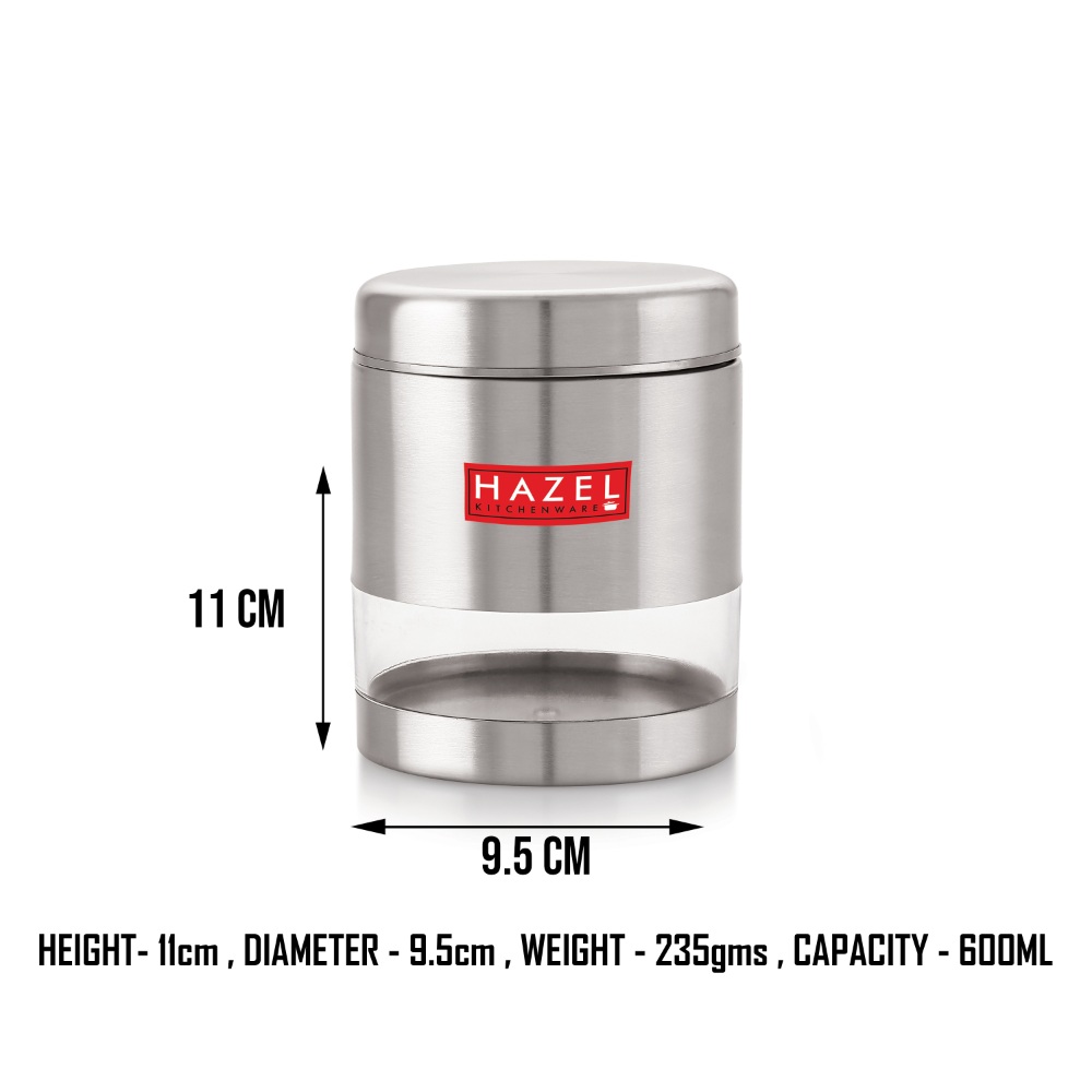 HAZEL Stainless Steel Containers Set For Kitchen Storage Transparent See Through Matt Finish Storage Jars Dabba, Set of 2, 600 ML Each, Silver