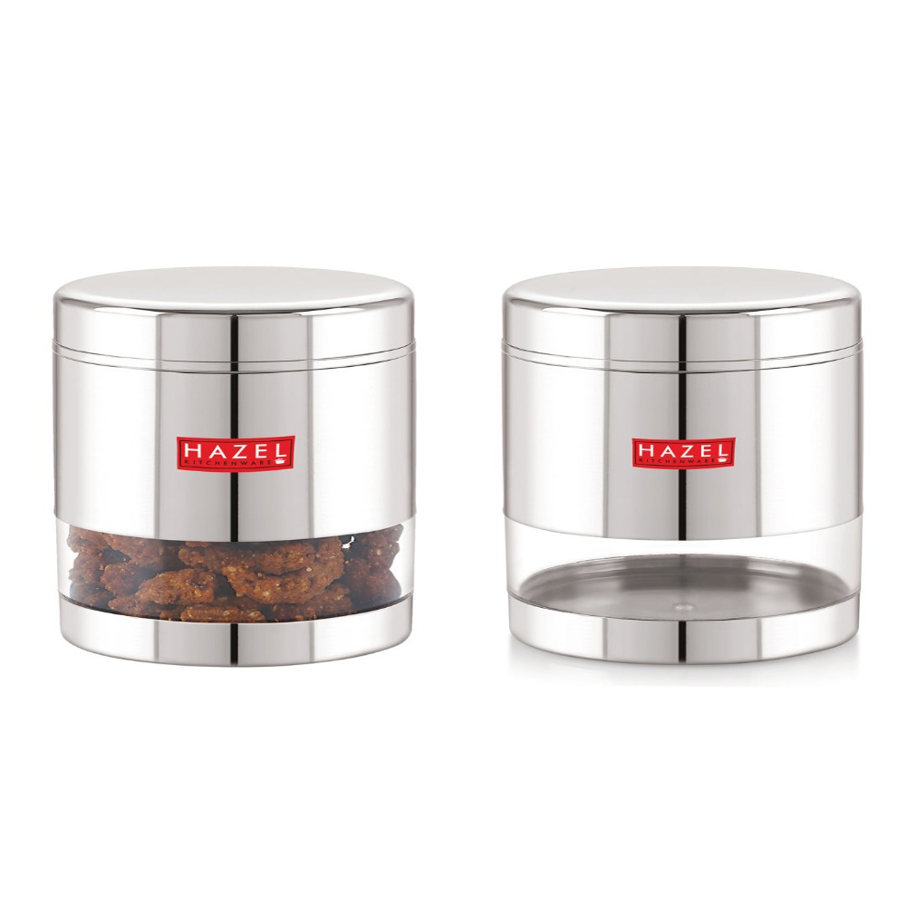 HAZEL Stainless Steel Containers Set For Kitchen Storage Transparent See Through Glossy Finish Storage Jars Dabba, Set of 2, 800 ML Each, Silver