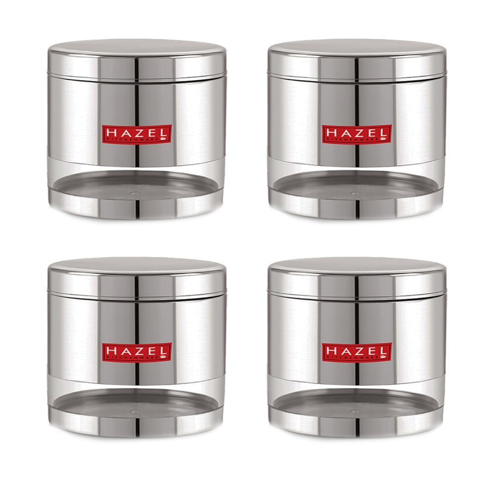 HAZEL Stainless Steel Containers Set For Kitchen Storage Transparent See Through Glossy Finish Storage Jars Dabba, Set of 4, 1000 ML Each, Silver
