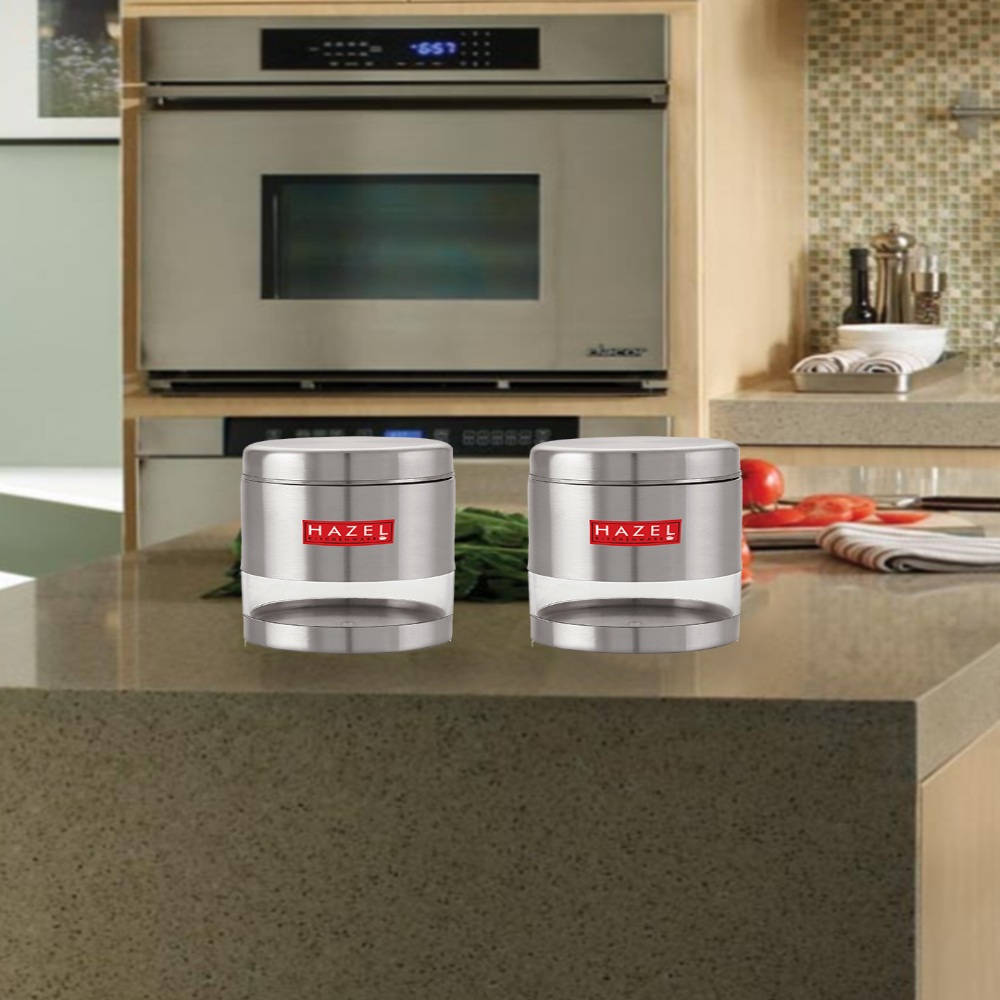 HAZEL Stainless Steel Containers Set For Kitchen Storage Transparent See Through Matt Finish Storage Jars Dabba, Set of 2, 600 ML Each, Silver