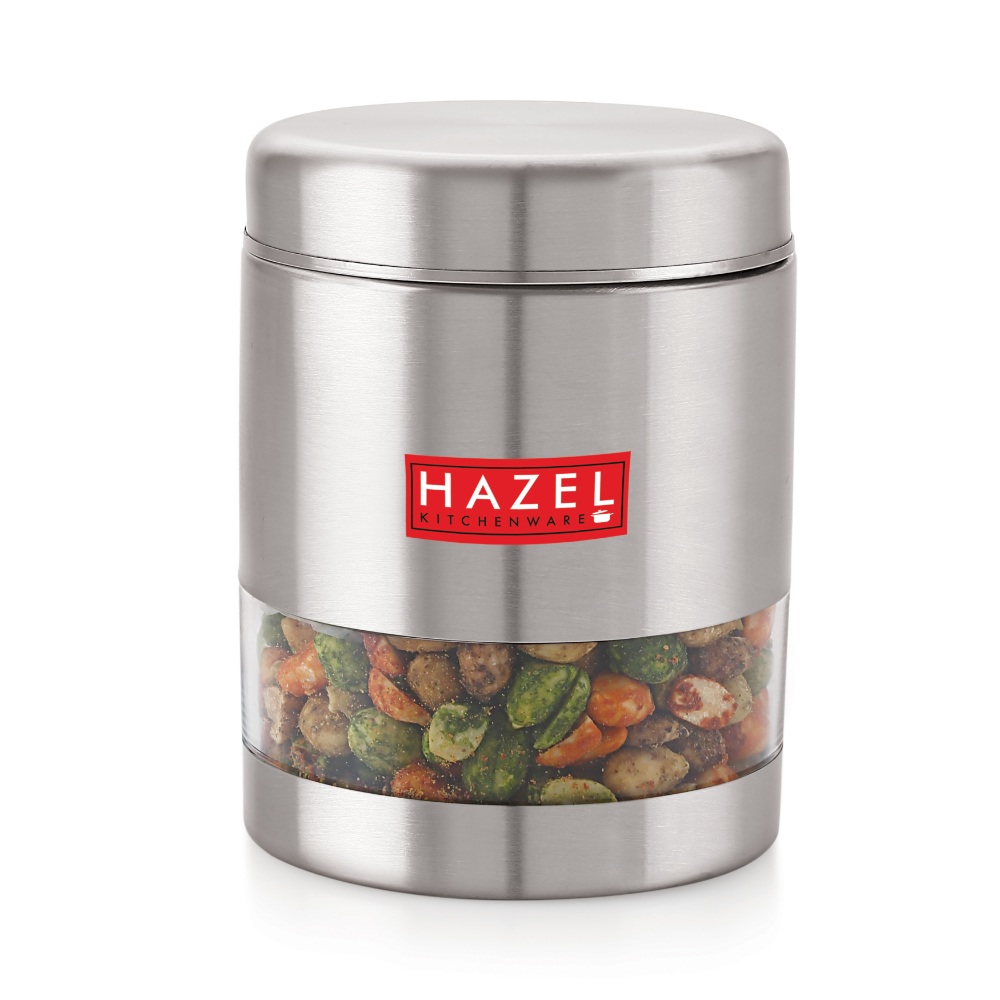 HAZEL Stainless Steel Containers Set For Kitchen Storage Transparent See Through Matt Finish Storage Jars Dabba, Set of 2, 600 ML Each, Silver