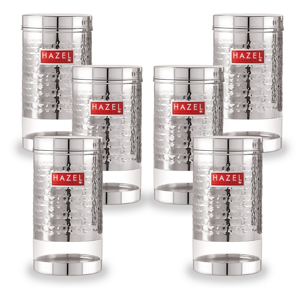 HAZEL Stainless Steel Containers Set For Kitchen Storage Hammered Finish Transparent See Through Glossy Storage Jars Dabba, Set of 6, 1200 ML Each, Silver