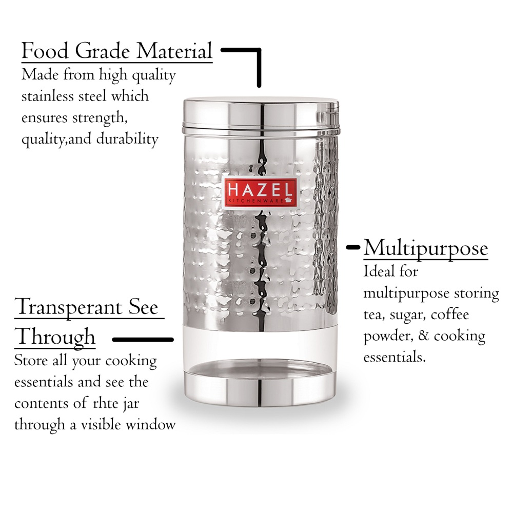 HAZEL Stainless Steel Containers Set For Kitchen Storage Hammered Finish Transparent See Through Glossy Storage Jars Dabba, Set of 4, 1200 ML Each, Silver