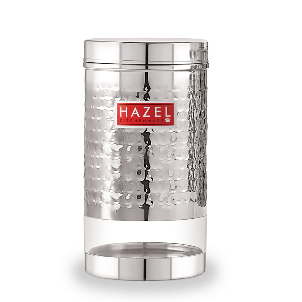 HAZEL Stainless Steel Containers Set For Kitchen Storage Hammered Finish Transparent See Through Glossy Storage Jars Dabba, Set of 2, 1200 ML Each, Silver