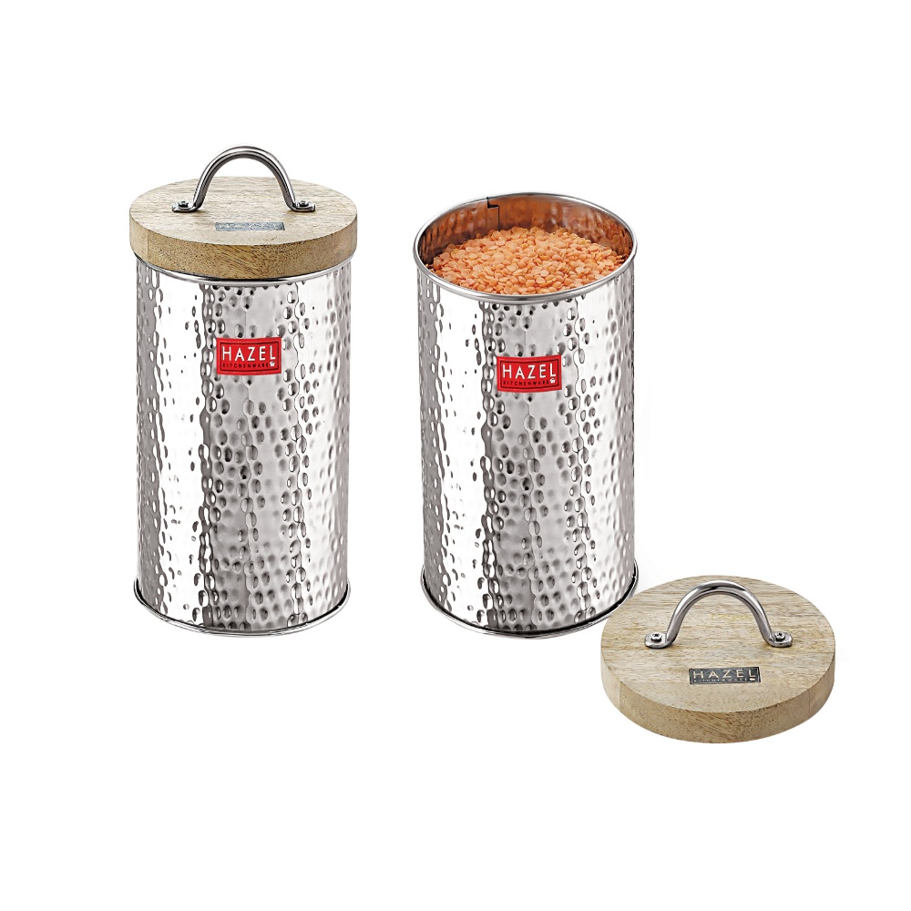 HAZEL Stainless Steel Hammered Finish Storage Jar Container With Wood Lid, Set of 2, 1400 ML Each, Silver