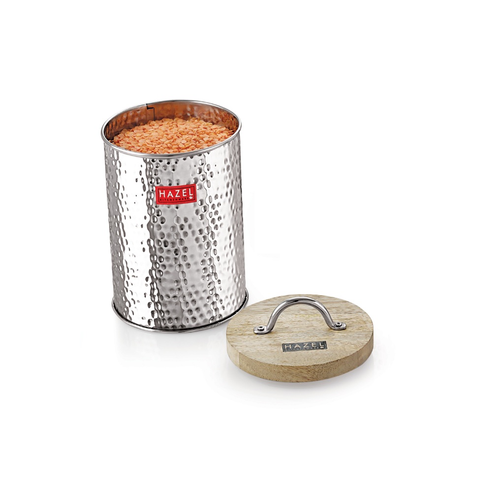 HAZEL Stainless Steel Hammered Finish Storage Jar Container With Wood Lid, Set of 2, 1400 ML Each, Silver