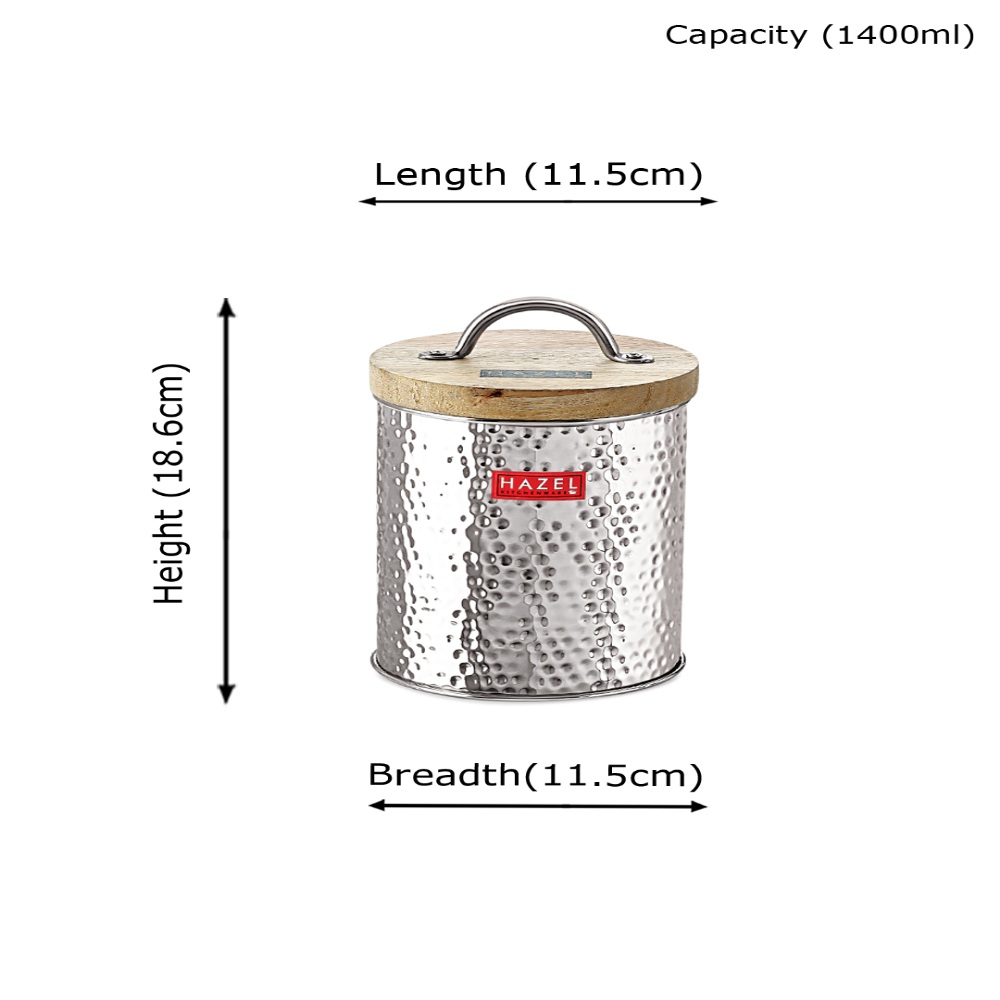 HAZEL Stainless Steel Hammered Finish Storage Jar Container With Wood Lid, Set of 2, 1400 ML Each, Silver