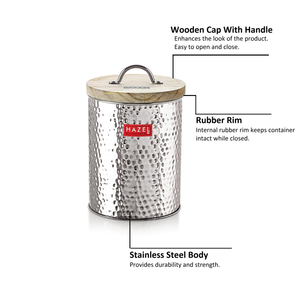 HAZEL Stainless Steel Hammered Finish Storage Jar Container With Wood Lid, Set of 2, 1400 ML Each, Silver