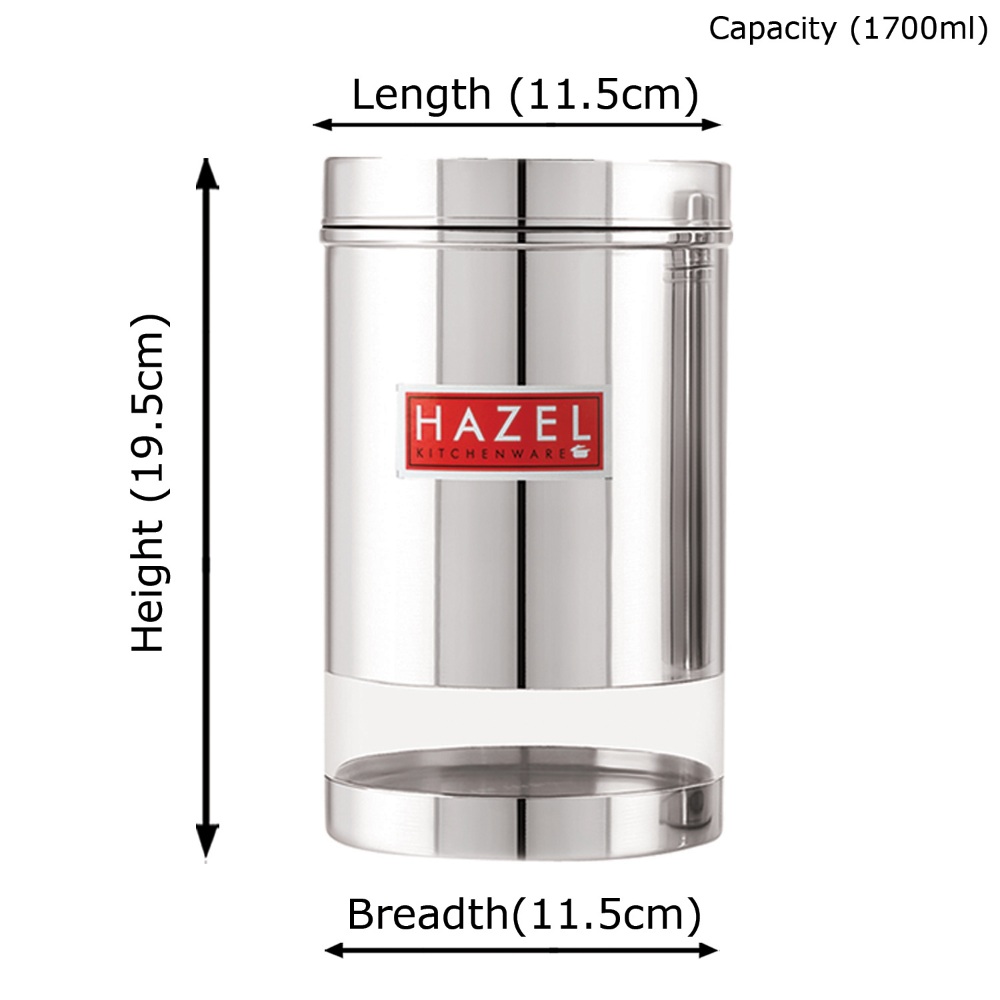 HAZEL Stainless Steel Transparent Glossy Finish See Through Container, Silver, Set of 6, 1700 Ml