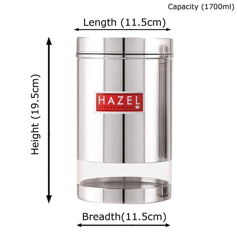 HAZEL Stainless Steel Transparent Glossy Finish See Through Container, Silver, Set of 2, 1700 Ml