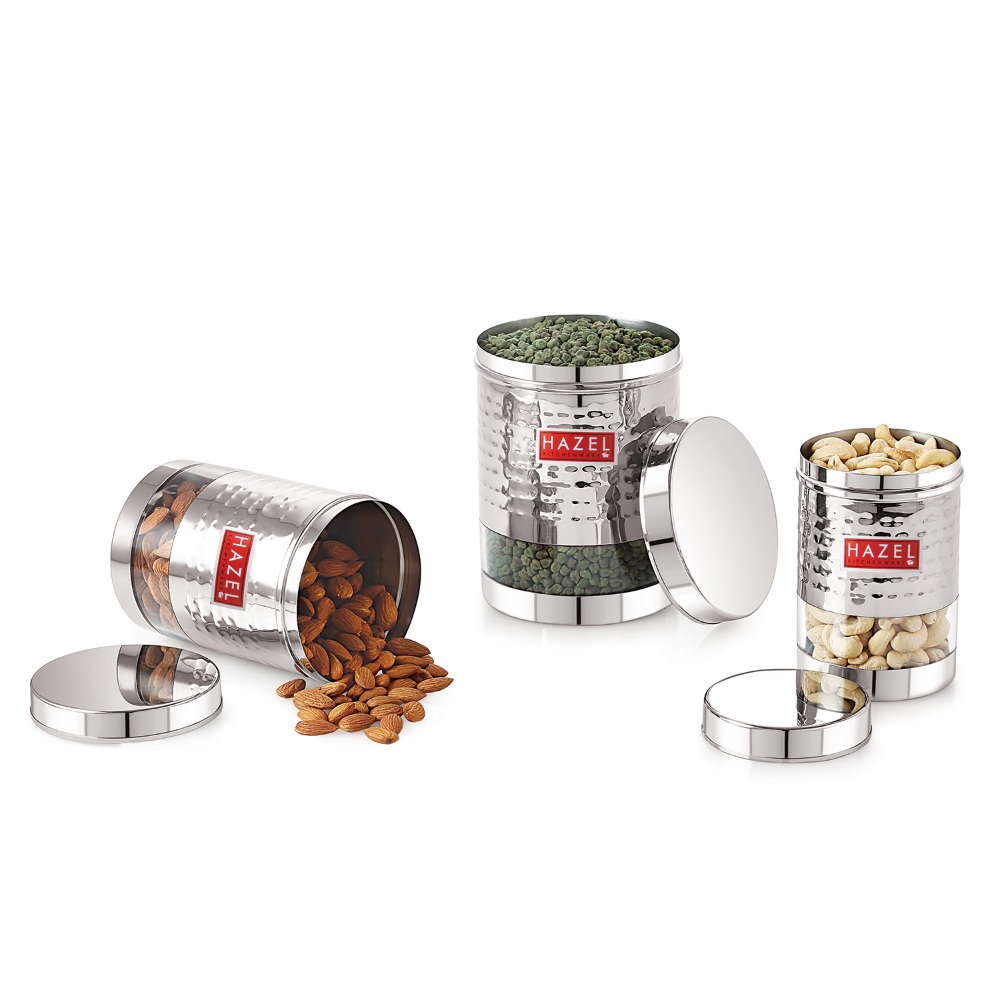 HAZEL Stainless Steel Hammered Finish Transparent Glossy See Through Container, Set of 3, 1350 ML, 950 ML & 600 ML