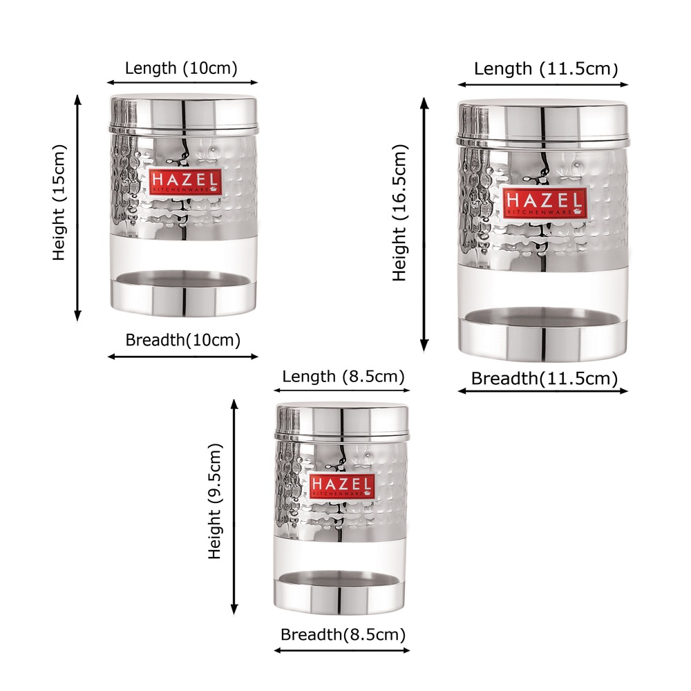 HAZEL Stainless Steel Hammered Finish Transparent Glossy See Through Container, Set of 3, 1350 ML, 950 ML & 600 ML