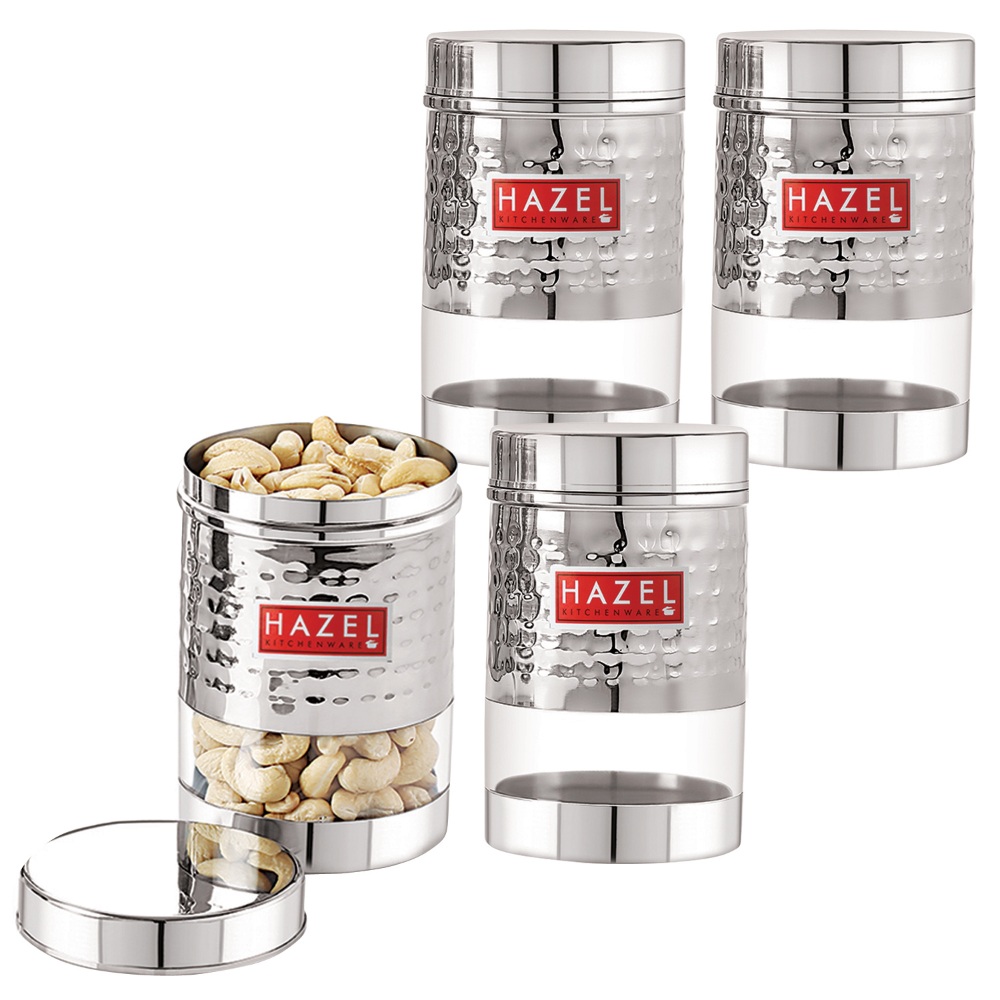 HAZEL Stainless Steel Hammered Finish Transparent Glossy See Through Container, Set of 4, 600 ML Each, Silver