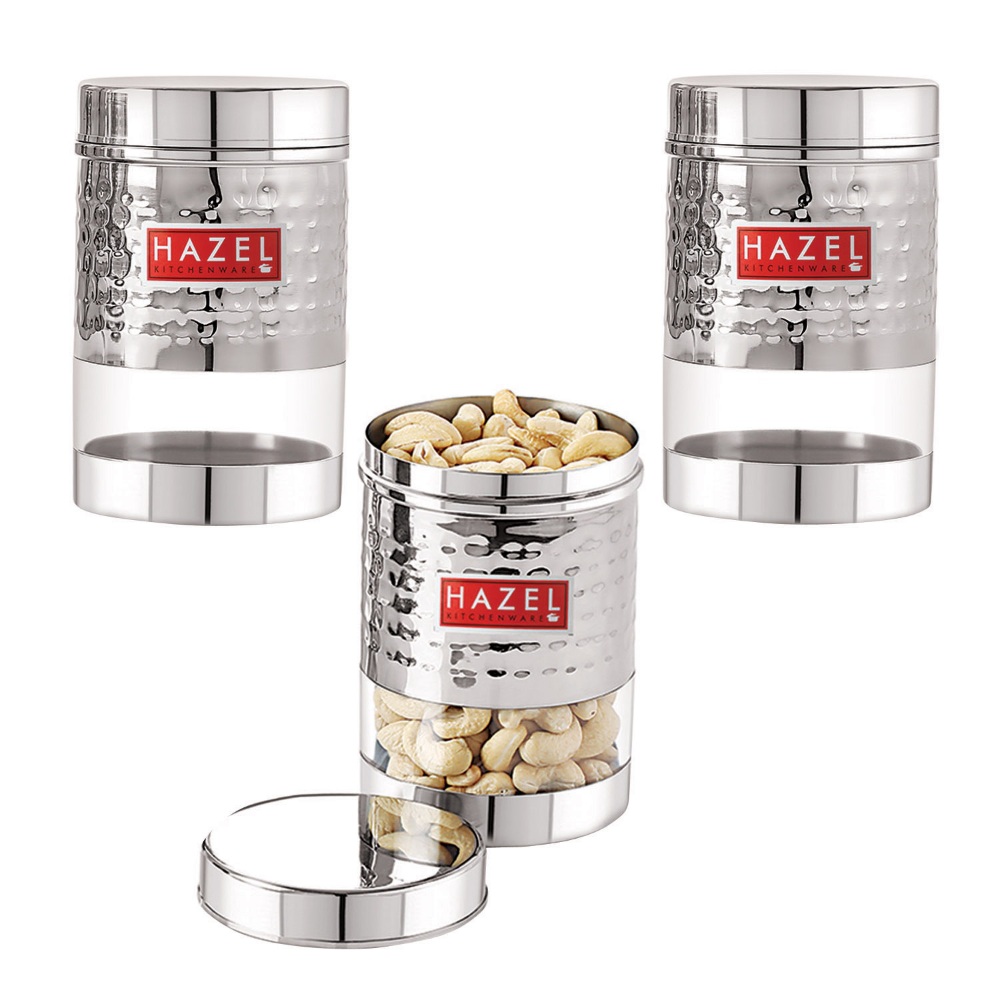 HAZEL Stainless Steel Hammered Finish Transparent Glossy See Through Container, Set of 3, 600 ML Each, Silver
