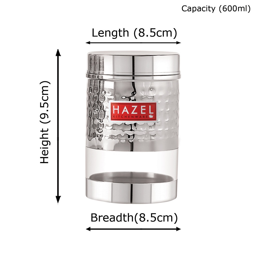 HAZEL Stainless Steel Hammered Finish Transparent Glossy See Through Container, Set of 3, 600 ML Each, Silver