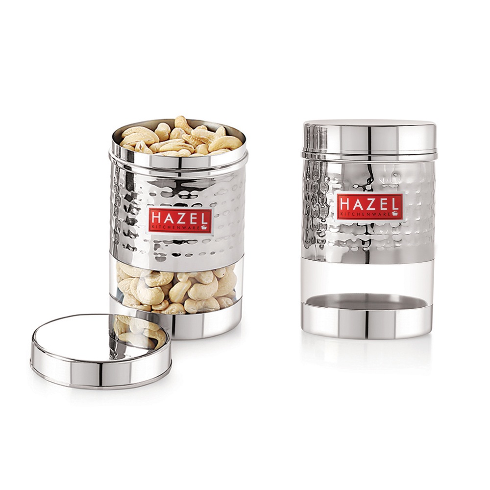 HAZEL Stainless Steel Hammered Finish Transparent Glossy See Through Container, Set of 2, 600 ML Each, Silver