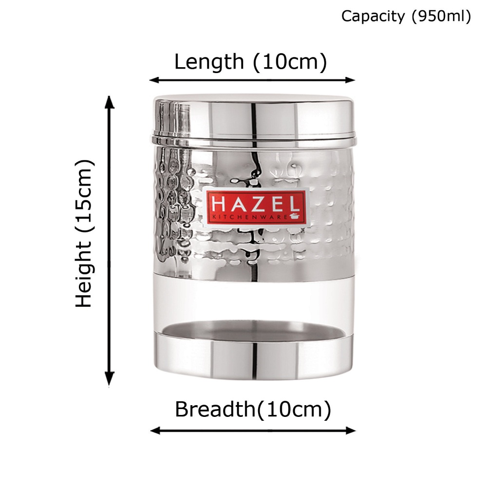 HAZEL Stainless Steel Hammered Finish Transparent Glossy See Through Container, Set of 6, 950 ML Each, Silver