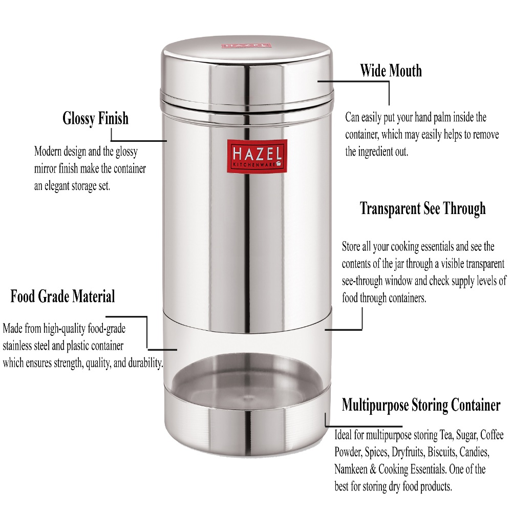 HAZEL Stainless Steel Transparent Wide Mouth See Through Container, Silver, Set of 4, 950 Ml