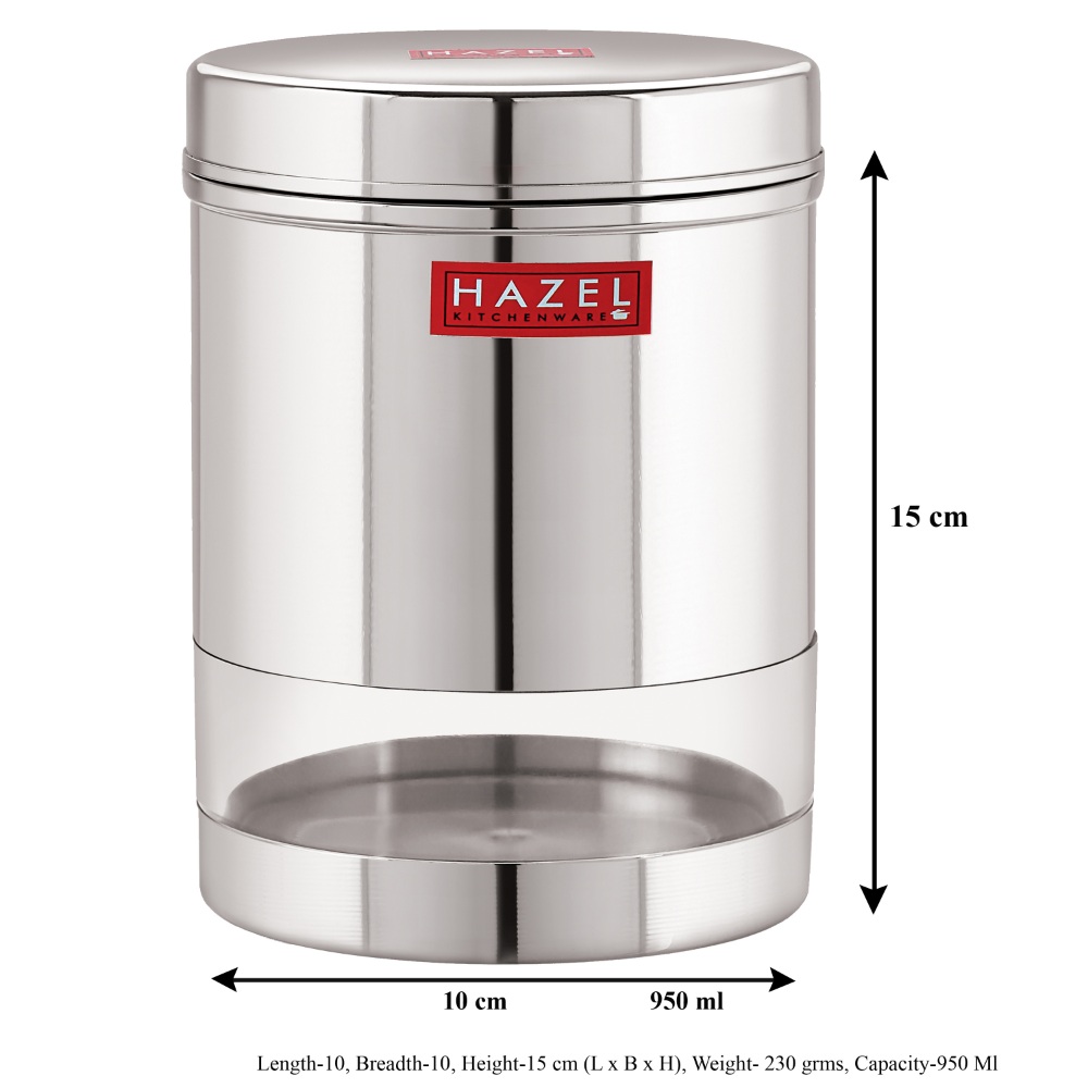 HAZEL Stainless Steel Transparent Wide Mouth See Through Container, Silver, Set of 4, 950 Ml