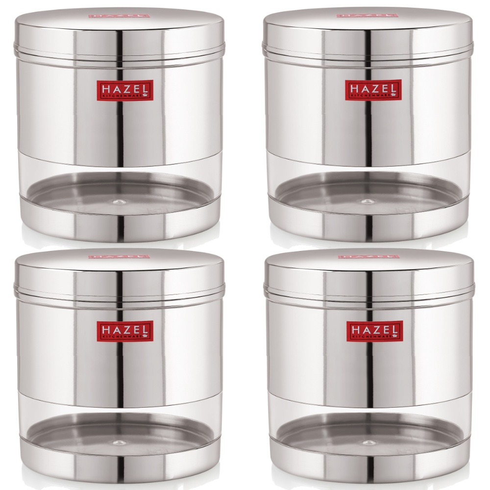 HAZEL Stainless Steel Transparent Wide Mouth See Through Container, Silver, Set of 4, 700 Ml