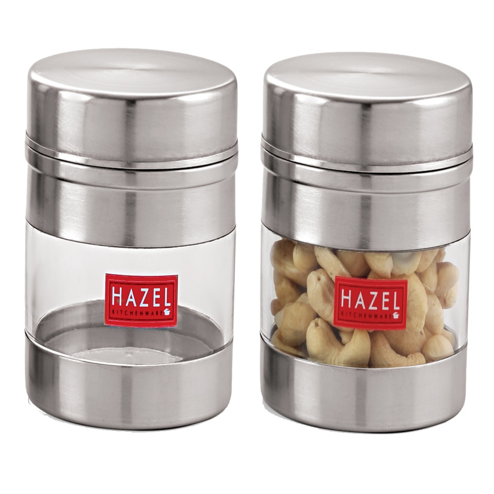 HAZEL Stainless Steel Transparent Wide Mouth See Through Container, Silver, Set of 2, 500 Ml
