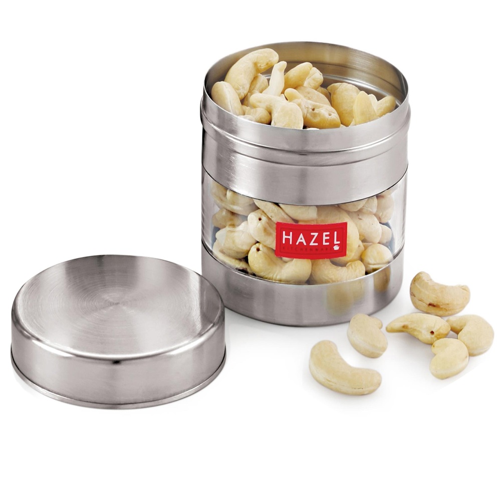 HAZEL Stainless Steel Transparent Wide Mouth See Through Container, Silver, Set of 2, 500 Ml
