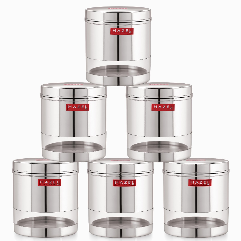HAZEL Stainless Steel Transparent Wide Mouth See Through Container, Silver, Set of 6, 600 Ml